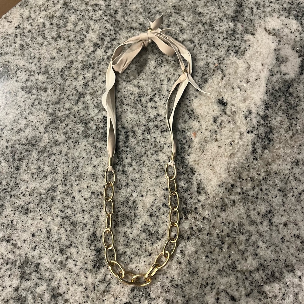 Francescas Gold Chain Necklace with Faux Leather Light Pink Tie Neck